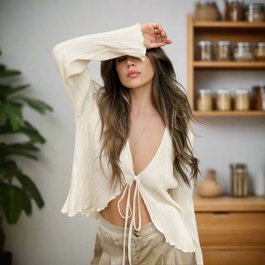 Casual Loose Long Sleeve Pleated Blouse – Lace-Up Front & Flare Sleeves