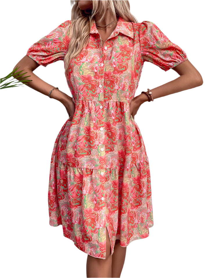 Floral Puff Short Sleeve Button-Down Midi Dress