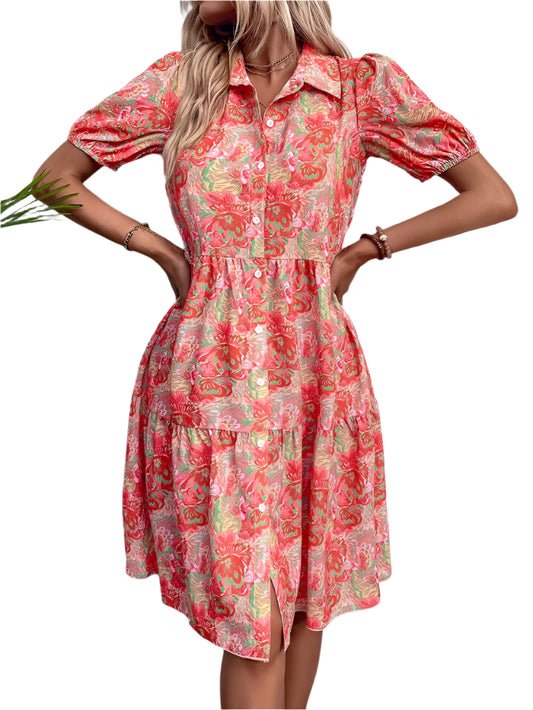 Floral Puff Short Sleeve Button-Down Midi Dress
