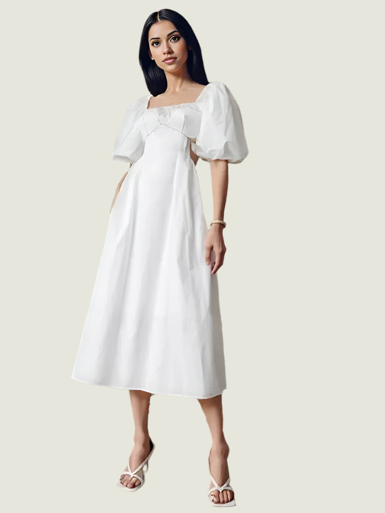 Elegant Puff Sleeve Midi Dress – Chic Cutout Details