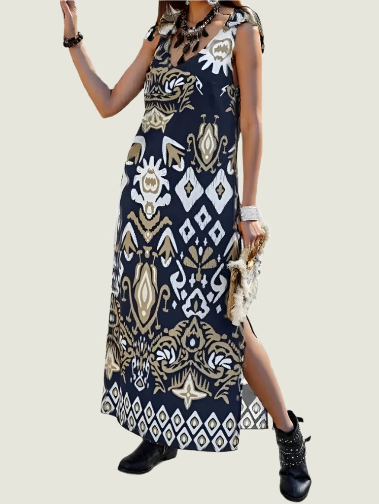 Navyblue Geometric Sleeveless Maxi Dress with Thigh-High Slit
