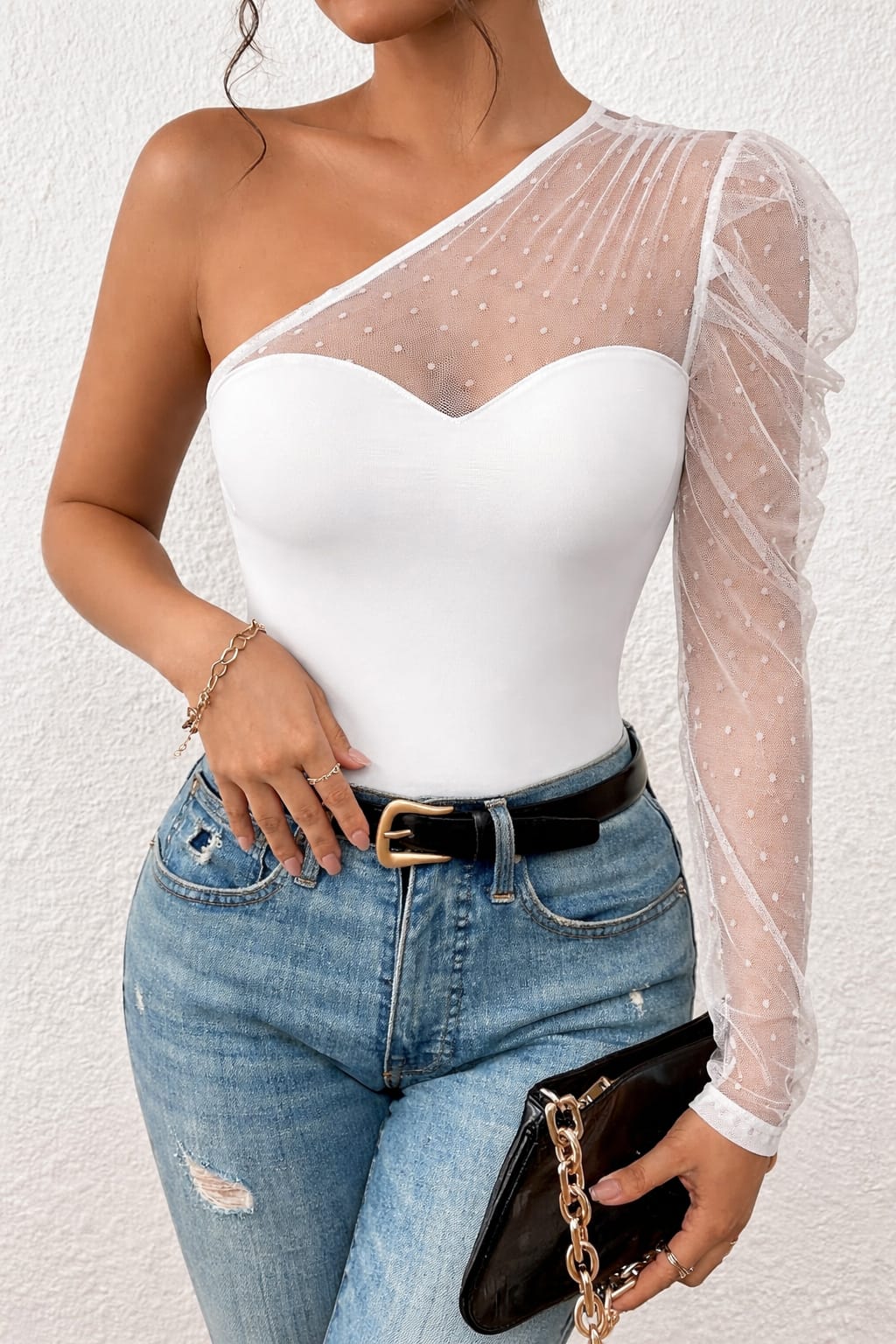 Velvet Touch Sheer One Shoulder Top – Elegant Asymmetrical  Blouse for Women
