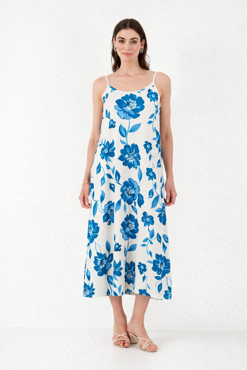 Blue Floral Slip Midi Dress – Elegant Lightweight Women’s Summer Dress