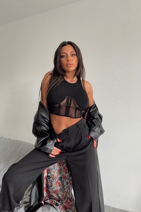 Black Neoprene Crop Top for Women | Sleek Structured Stretch Fit