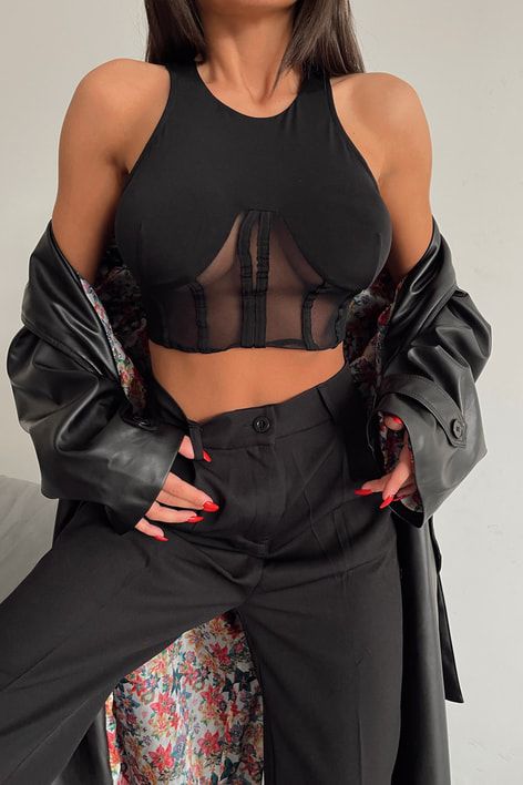 Black Neoprene Crop Top for Women | Sleek Structured Stretch Fit