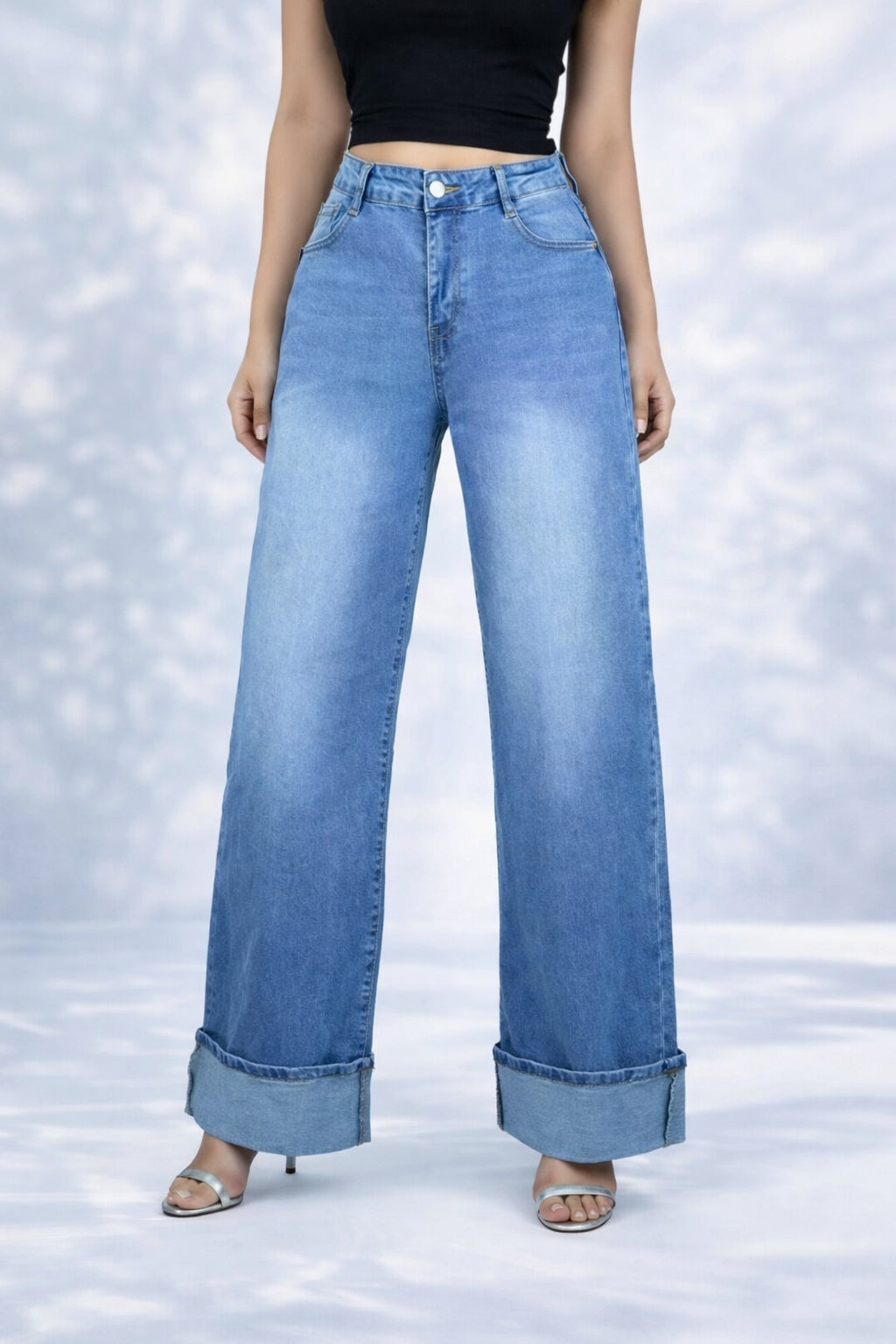 High-Waisted Wide Leg Jeans Women – Rolled Hem Denim Pants DYQ400