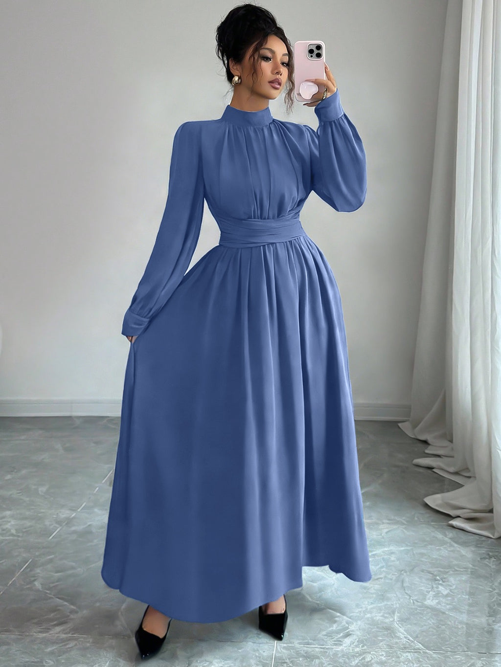 Elegant High Neck Long Sleeve Maxi Dress