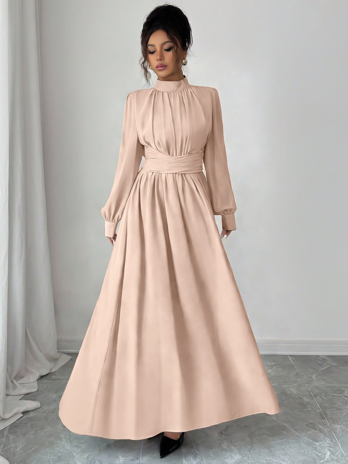 Elegant High Neck Long Sleeve Maxi Dress