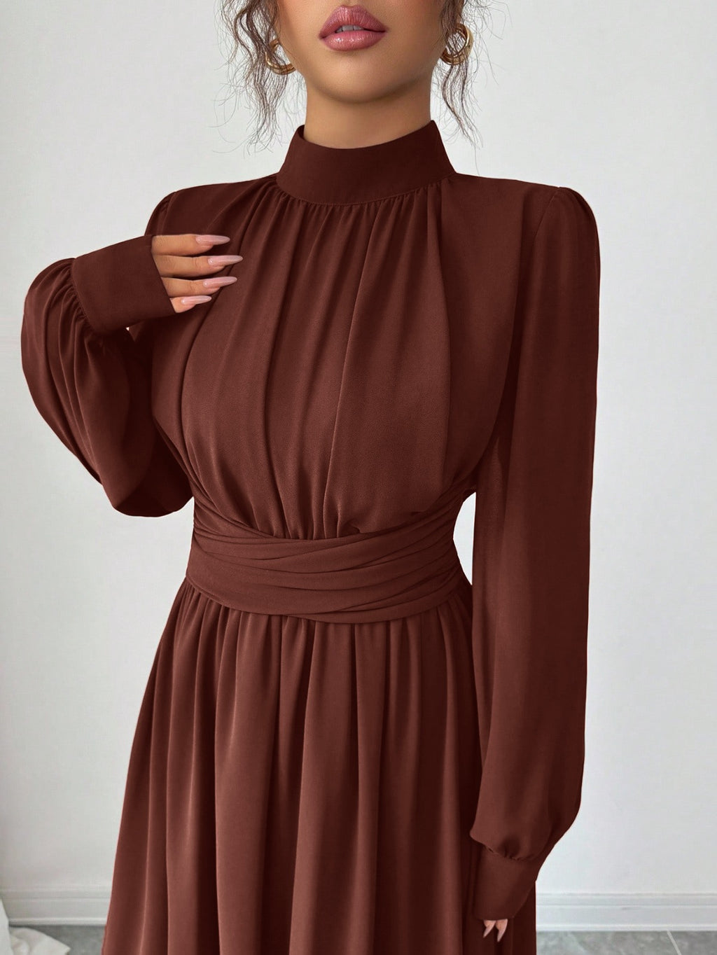 Elegant High Neck Long Sleeve Maxi Dress