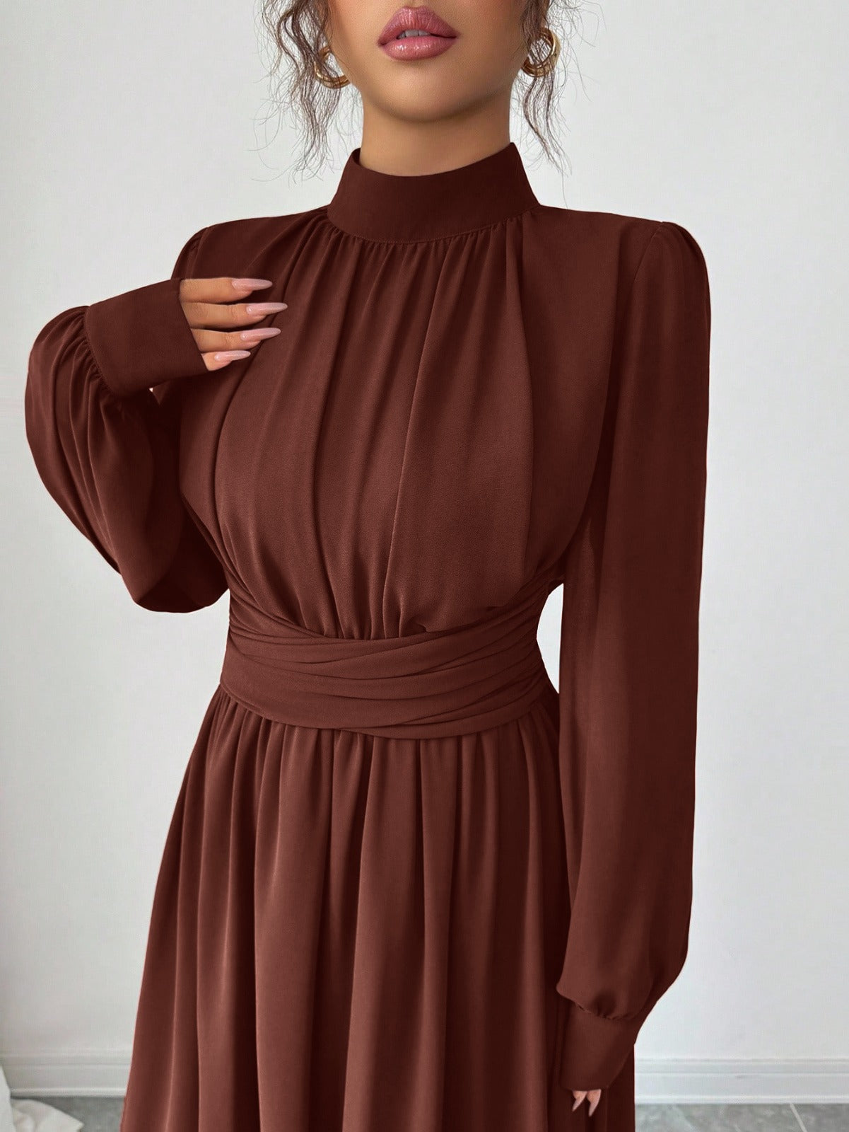 Elegant High Neck Long Sleeve Maxi Dress