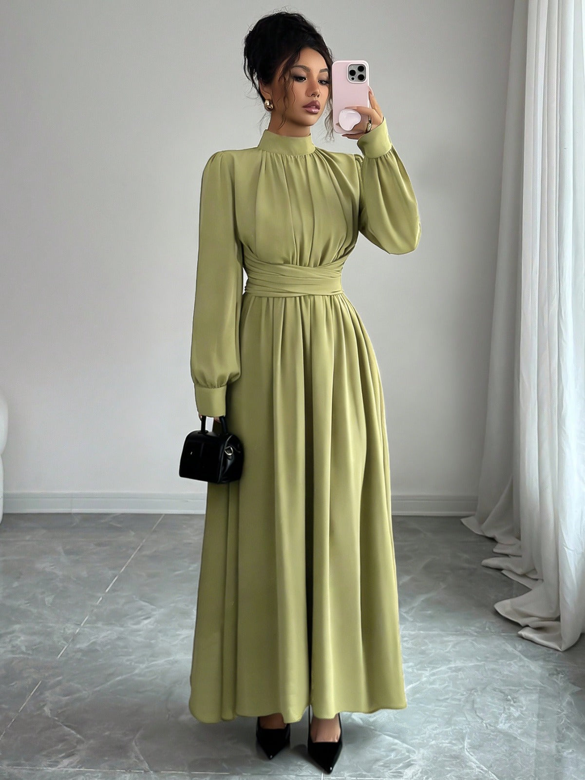 Elegant High Neck Long Sleeve Maxi Dress