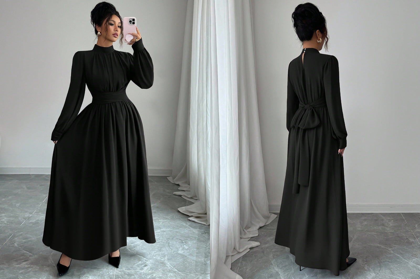 Elegant High Neck Long Sleeve Maxi Dress