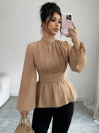 Elegant High Neck Waist Tie Peplum Blouse