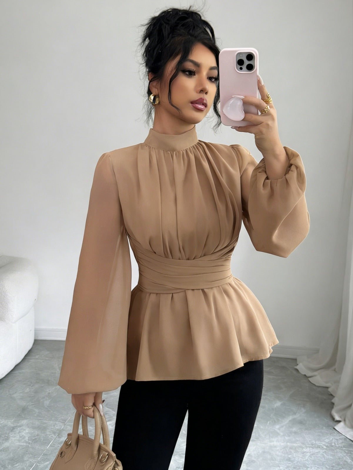 Elegant High Neck Waist Tie Peplum Blouse