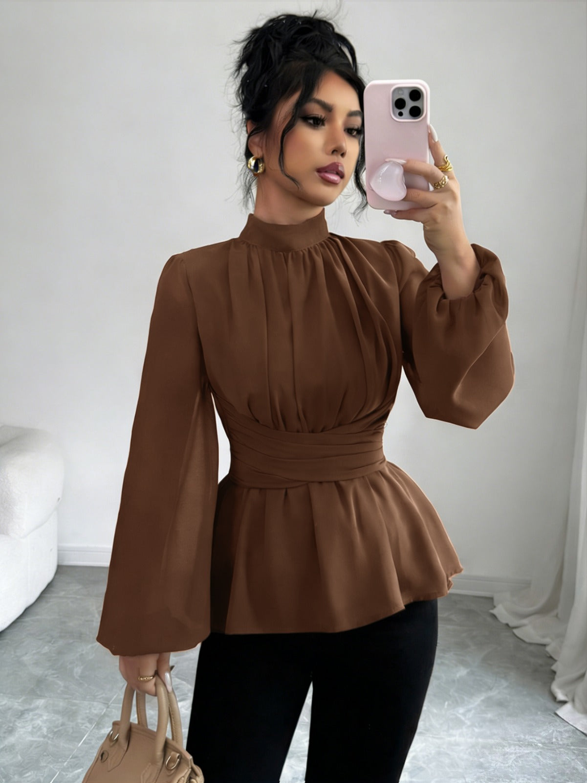 Elegant High Neck Waist Tie Peplum Blouse