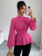 Elegant High Neck Waist Tie Peplum Blouse