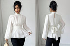 Elegant High Neck Waist Tie Peplum Blouse