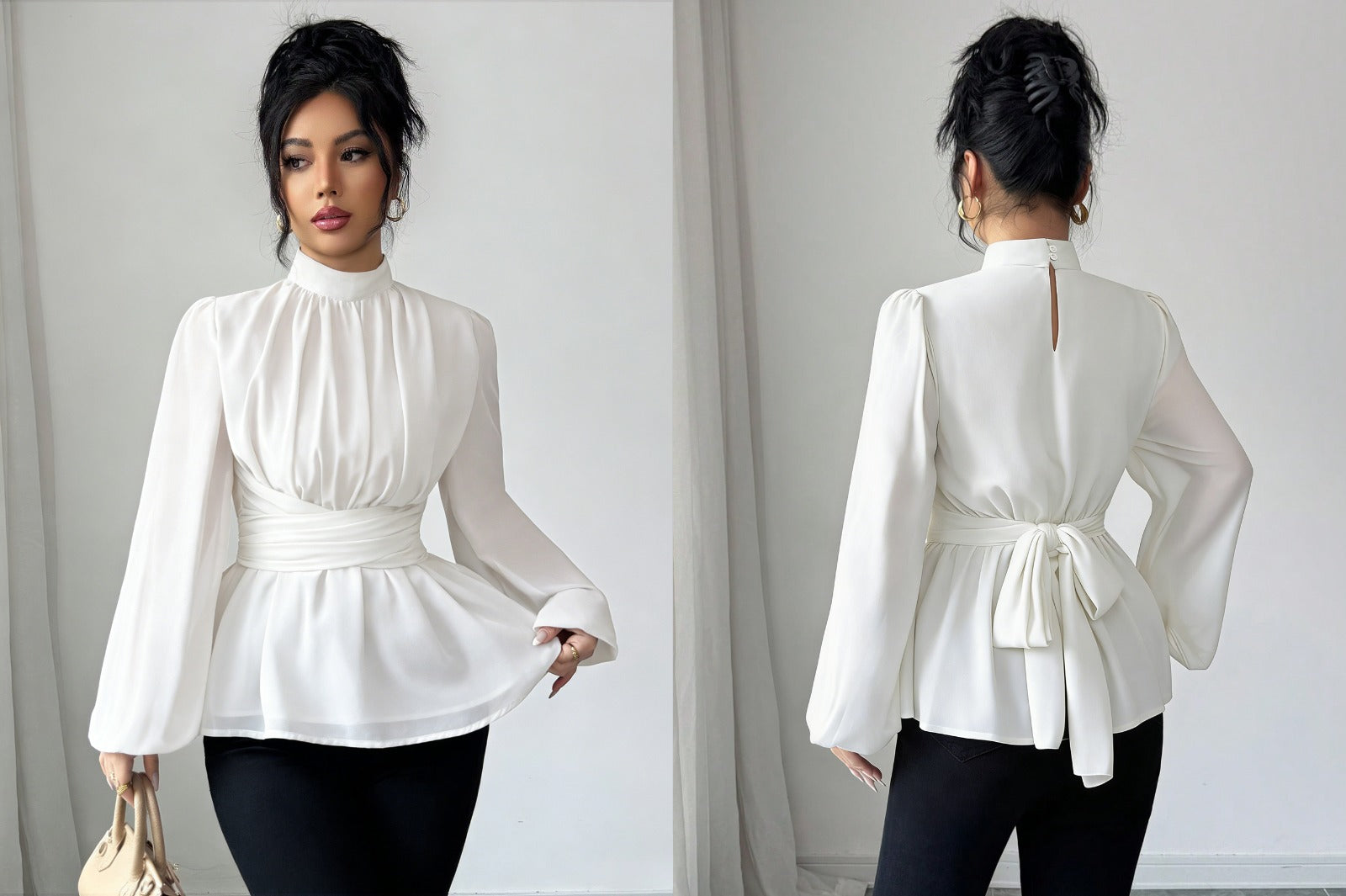 Elegant High Neck Waist Tie Peplum Blouse