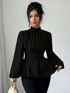 Elegant High Neck Waist Tie Peplum Blouse