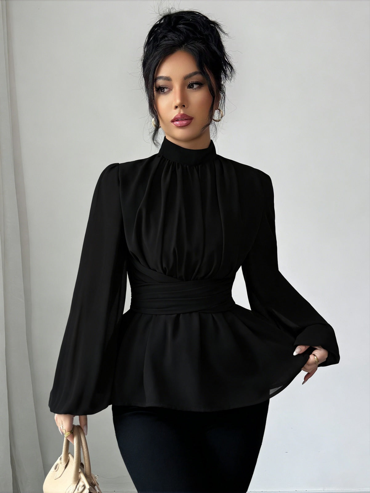 Elegant High Neck Waist Tie Peplum Blouse
