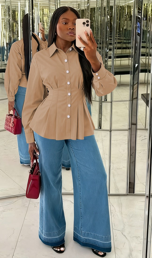 Button Front Peplum Shirt Blouse