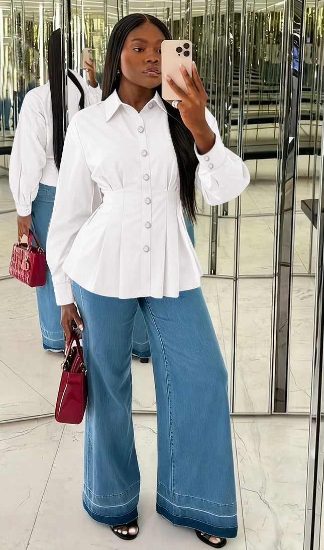 Button Front Peplum Shirt Blouse