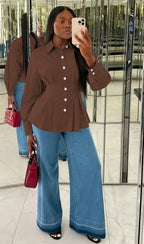 Button Front Peplum Shirt Blouse
