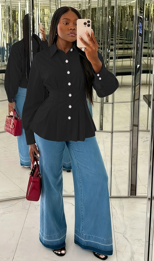 Button Front Peplum Shirt Blouse