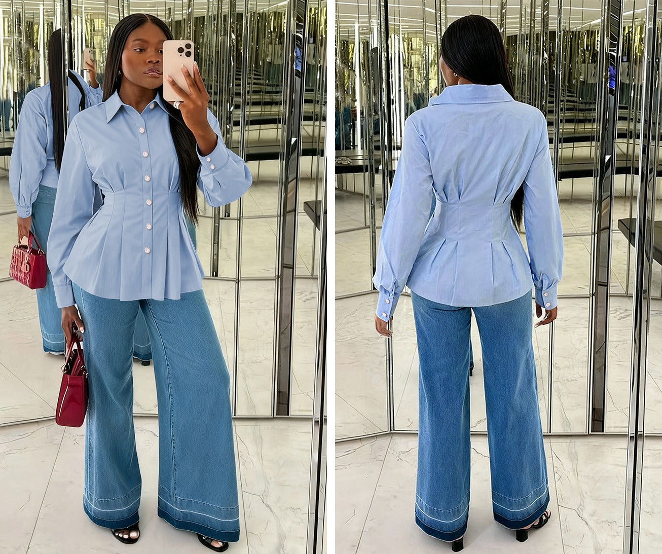 Button Front Peplum Shirt Blouse