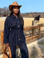 Belted Denim Utility Jacket Set