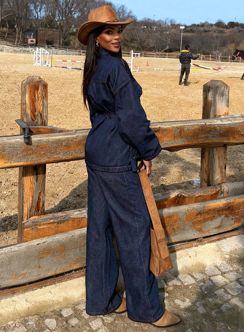 Belted Denim Utility Jacket Set