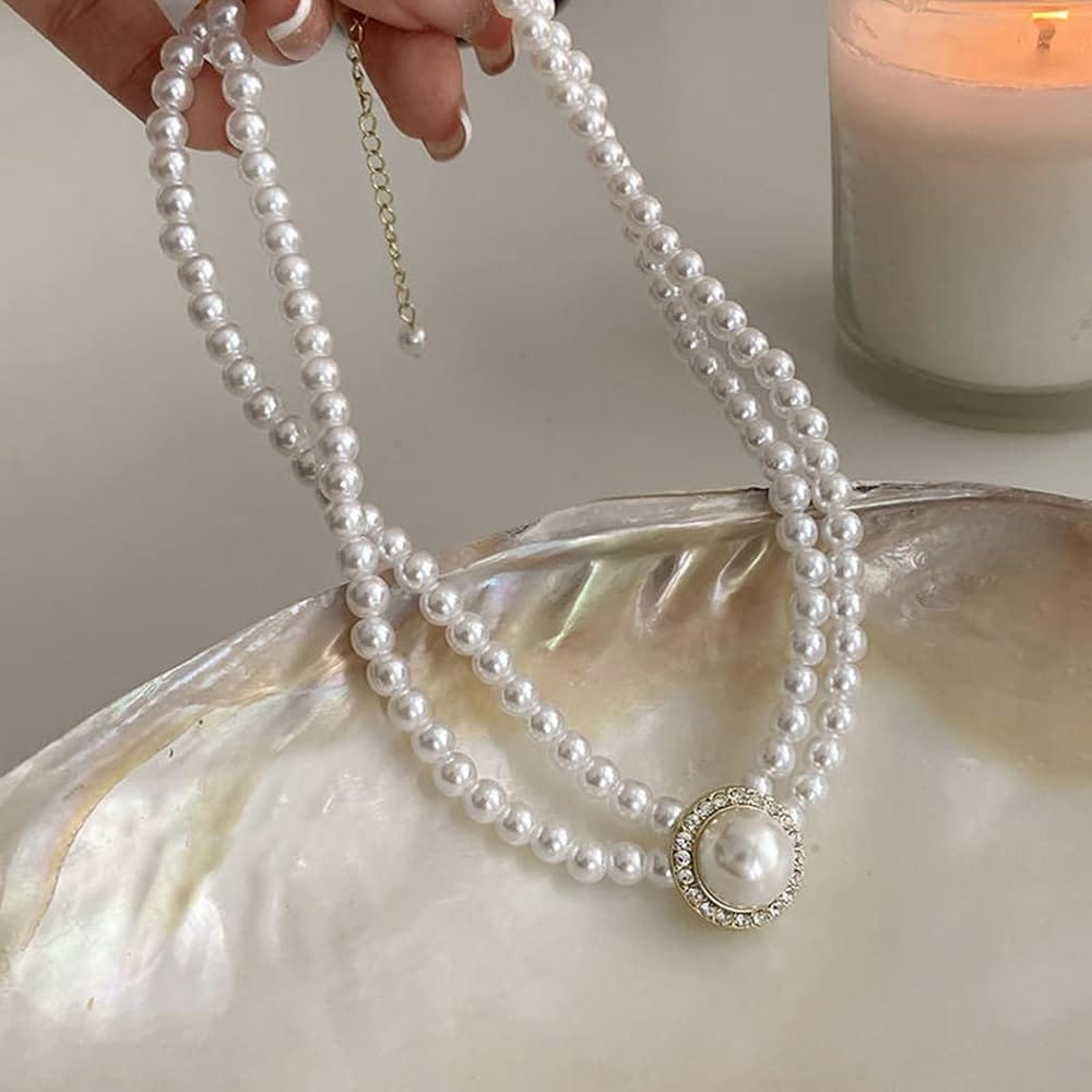 Women’s Layered Pearl Statement Necklace with Rhinestone Brooch Detail