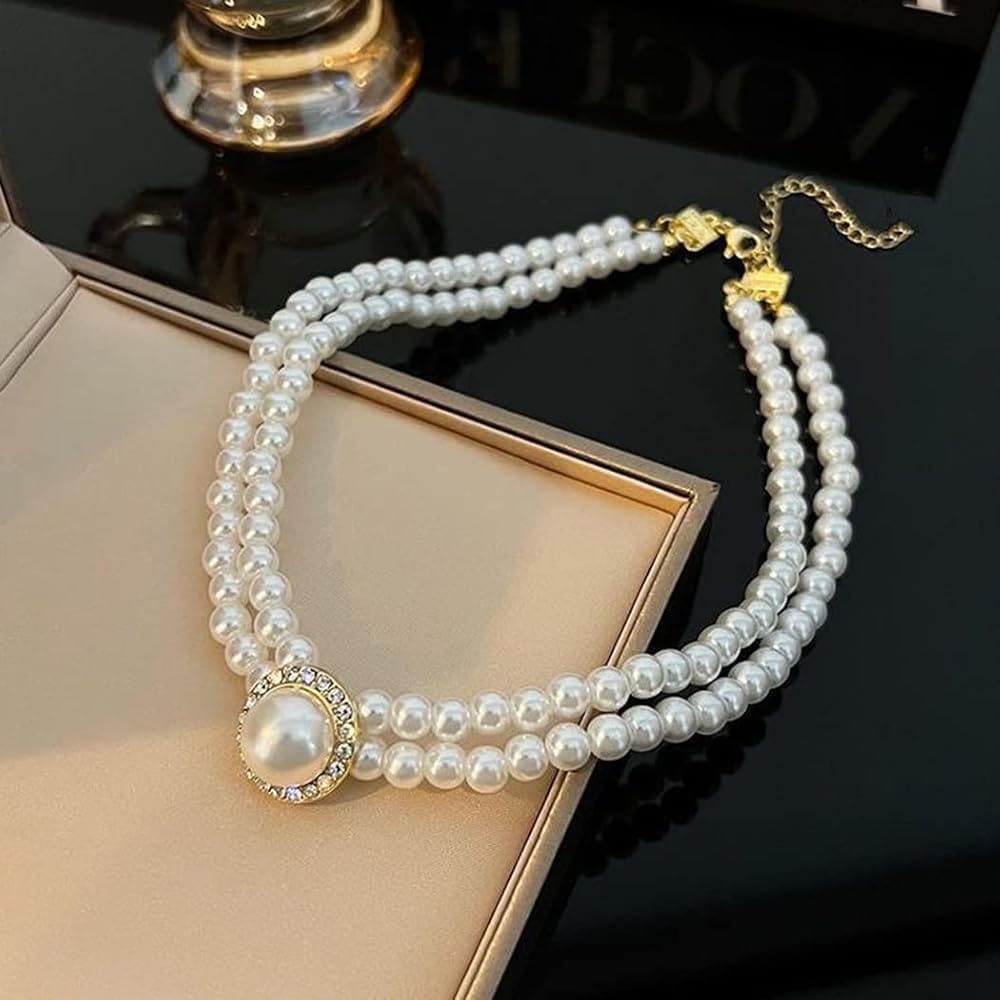 Women’s Layered Pearl Statement Necklace with Rhinestone Brooch Detail