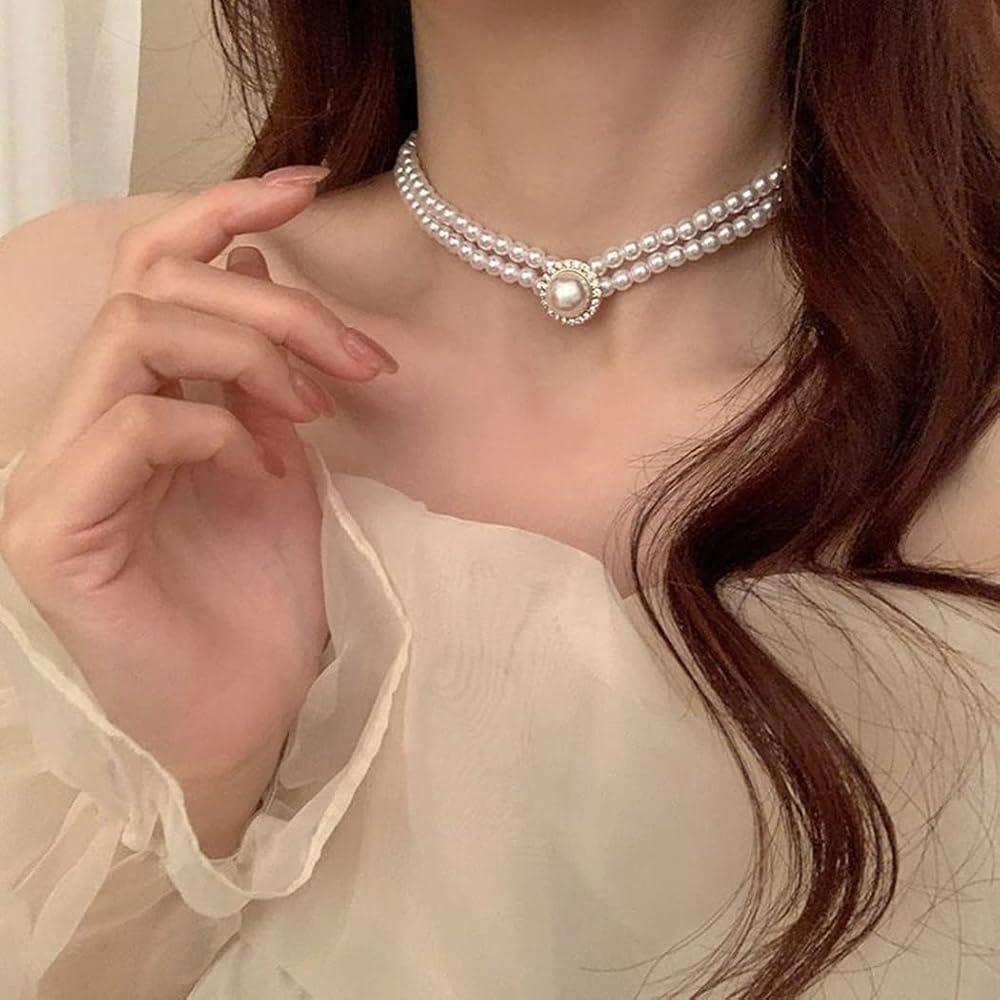 Women’s Layered Pearl Statement Necklace with Rhinestone Brooch Detail