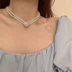 Women’s Layered Pearl Statement Necklace with Rhinestone Brooch Detail