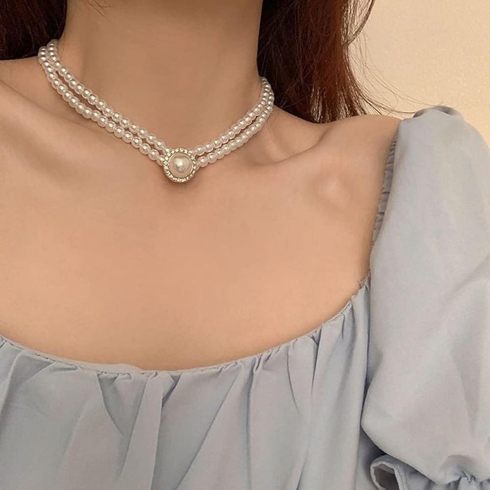 Women’s Layered Pearl Statement Necklace with Rhinestone Brooch Detail