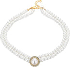 Women’s Layered Pearl Statement Necklace with Rhinestone Brooch Detail
