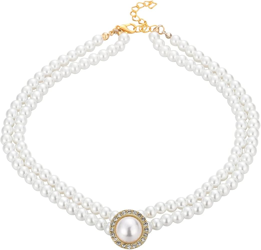 Women’s Layered Pearl Statement Necklace with Rhinestone Brooch Detail