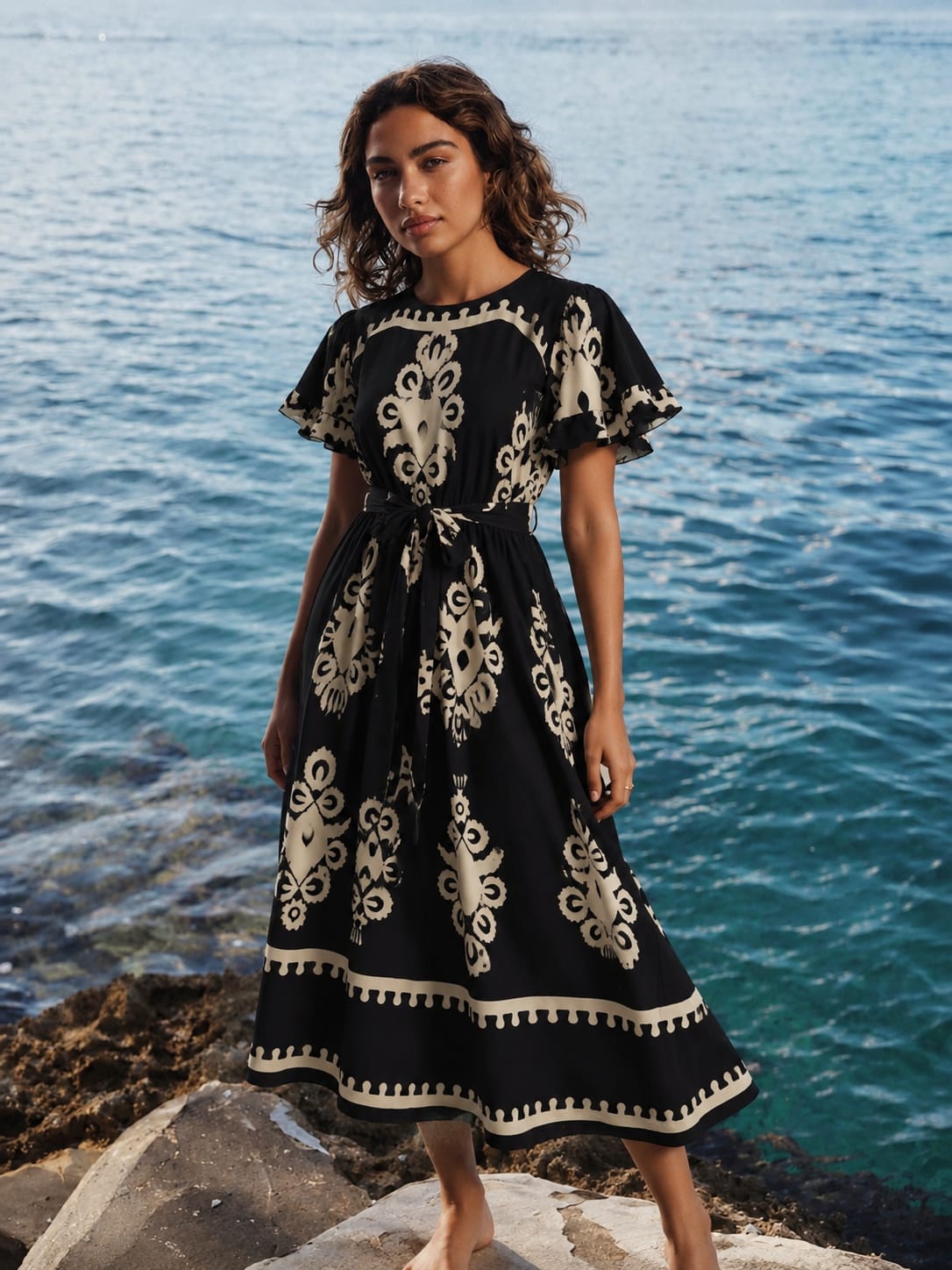 Printed Bohemian Midi Dress With Belt