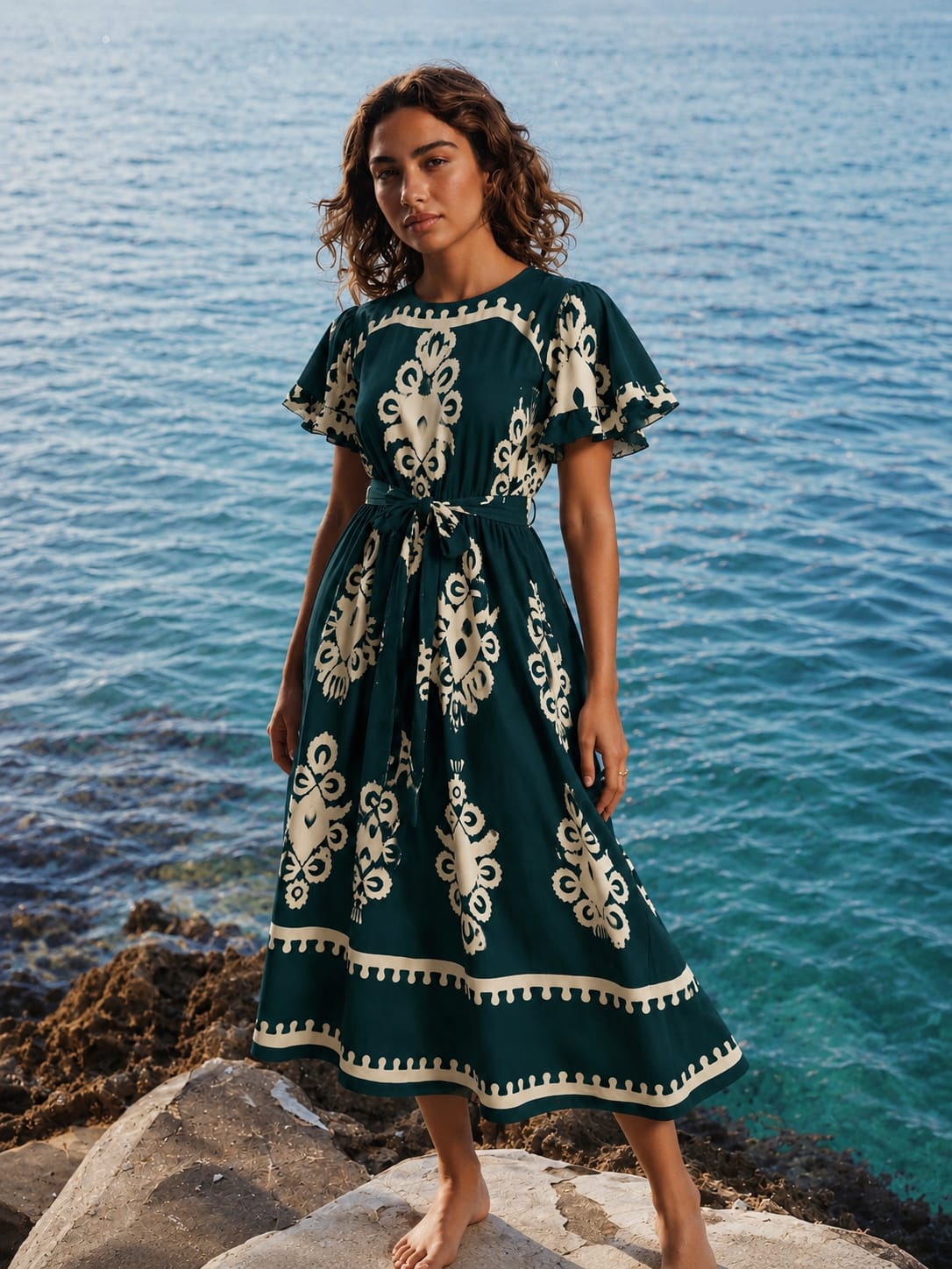 Printed Bohemian Midi Dress With Belt