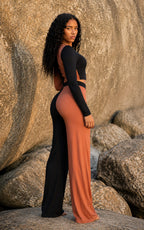 Duo Colour Blocking Split Straight Leg And Top Two Piece Set