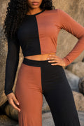 Duo Colour Blocking Split Straight Leg And Top Two Piece Set