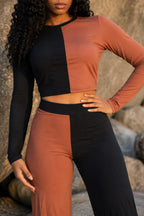 Duo Colour Blocking Split Straight Leg And Top Two Piece Set