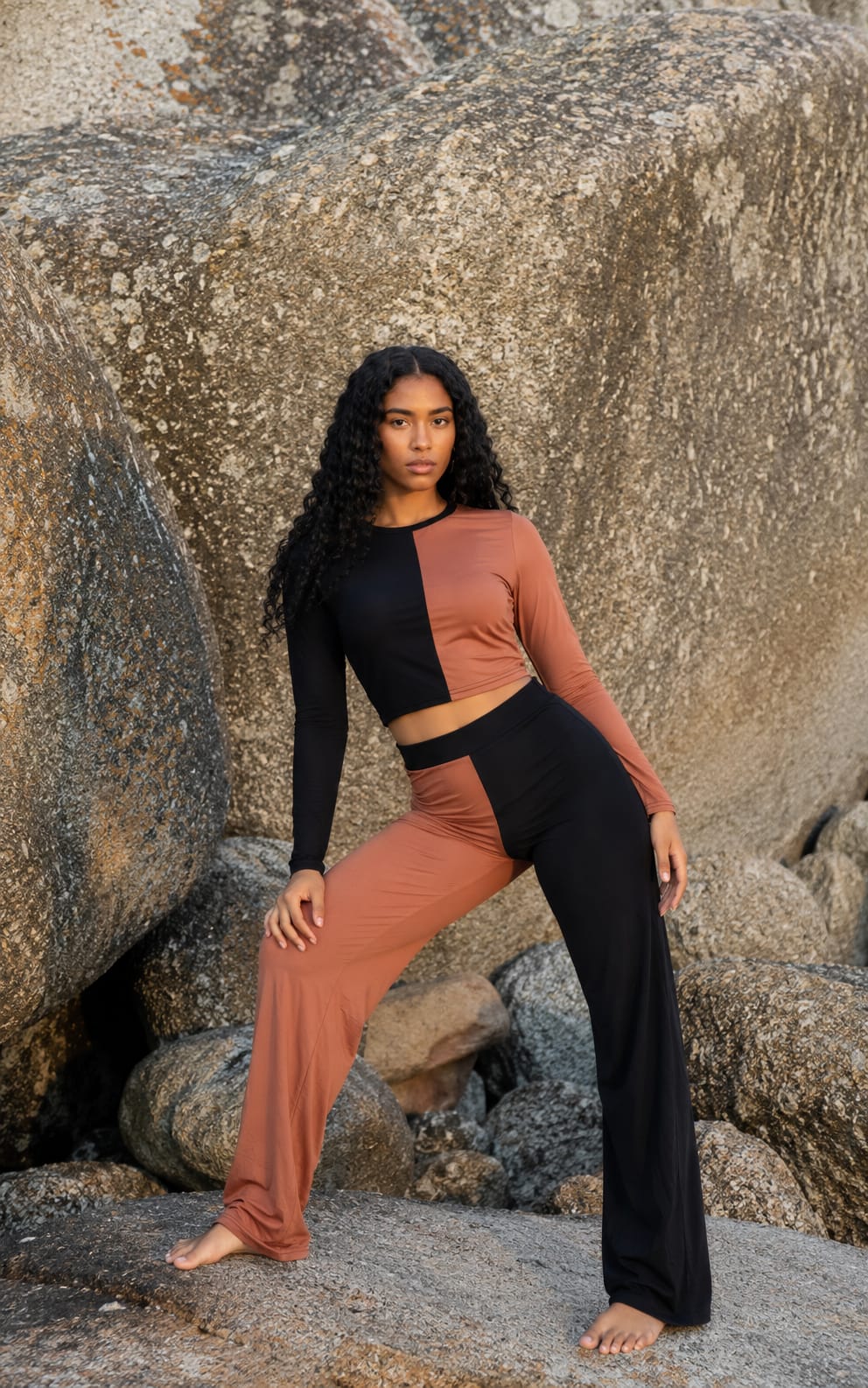 Duo Colour Blocking Split Straight Leg And Top Two Piece Set