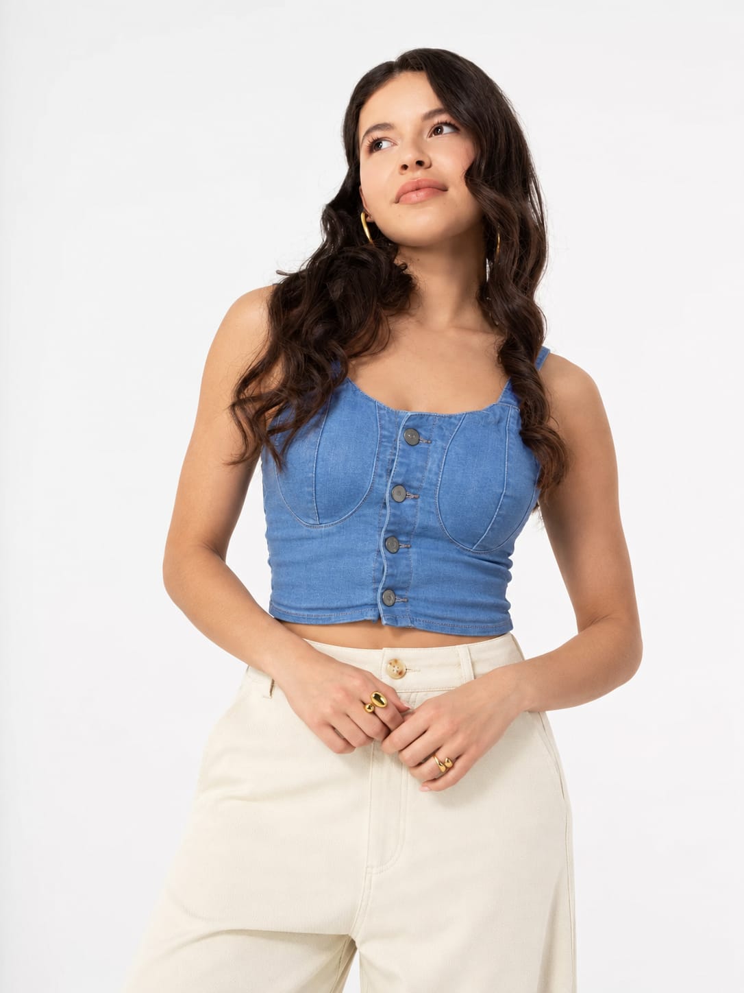 Button-Front Denim Bustier Top (img)