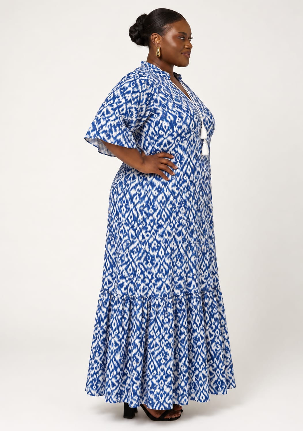 Ikat Print Tassel-Neck Maxi Dress