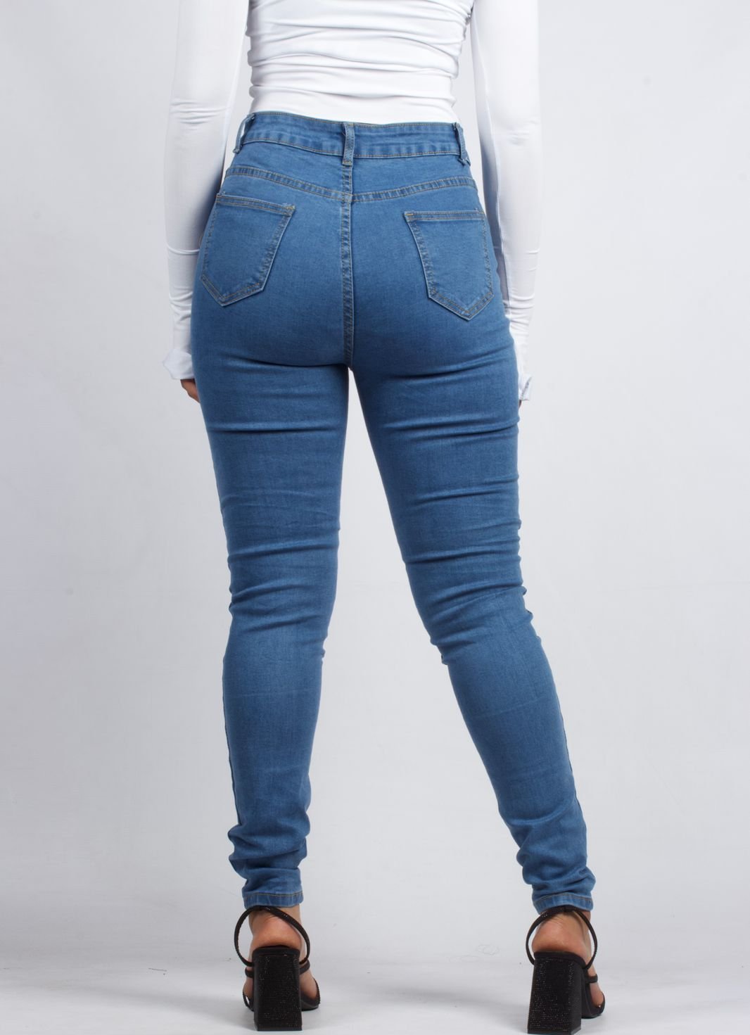 Distressed High-Waisted Skinny Blue Denim Jeans - XD129