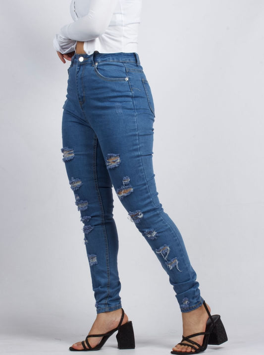 Distressed High-Waisted Skinny Blue Denim Jeans - XD129