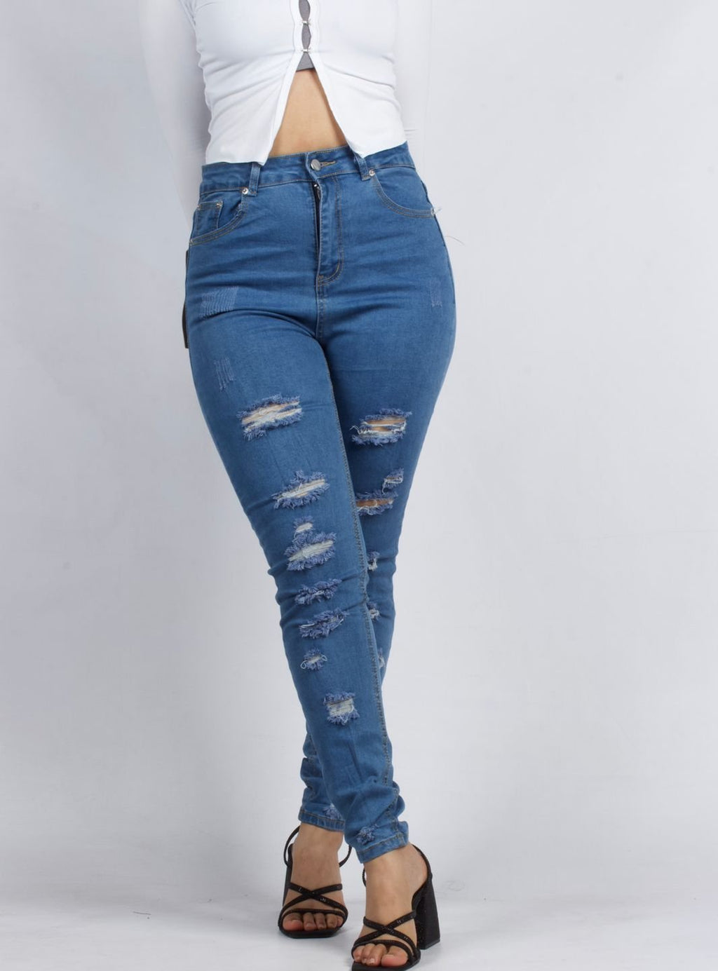 Distressed High-Waisted Skinny Blue Denim Jeans - XD129