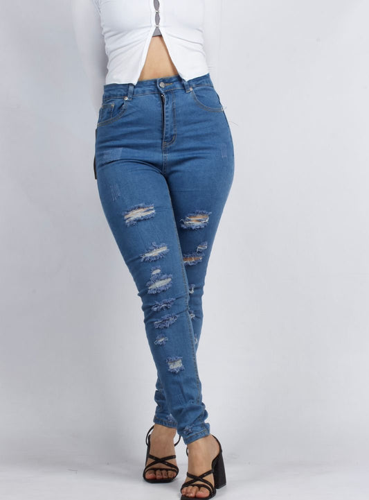Distressed High-Waisted Skinny Blue Denim Jeans - XD129